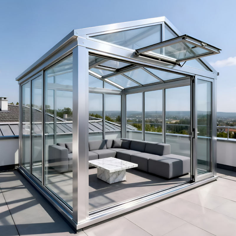 All Weather Aluminum Semi Round Electric Movable Sunroom Lighting and Sunshade Seaside Resort Hotel Applications Sunroom