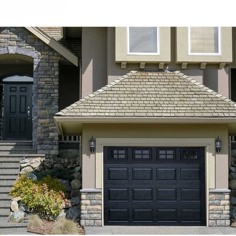 Puertas De Garaje Moderno Black Quiet Operation Wood Grain Finish Garage Doors