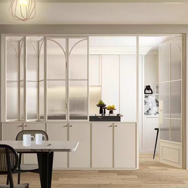 French-Style Glass Sliding Door, Ultra-Narrow Balcony Door with Hanging Track, Three-Way Aluminum Alloy Glass Retro Kitchen Sliding Door